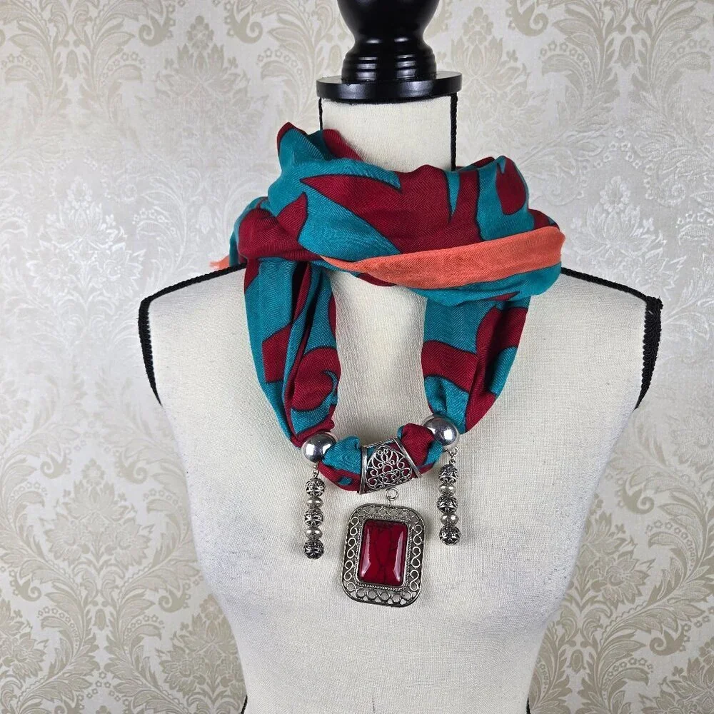 Red Turquoise Coral Infiniti Style Versatile Scarf Silver/Red Jewelry Embellish